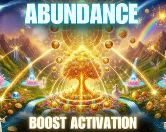 May include: A digital art piece with the words "ABUNDANCE" and "BOOST ACTIVATION" in a glowing font. The image features a golden tree, waterfalls, and a rainbow, with coins and glowing orbs.