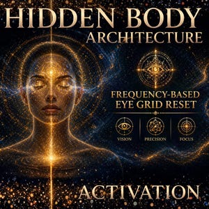 Puede incluir: Ilustración digital de una mujer con los ojos cerrados, irradiando luz dorada. El texto "HIDDEN BODY ARCHITECTURE" y "FREQUENCY-BASED EYE GRID RESET" está presente. También hay símbolos de visión, precisión y enfoque. Fondo oscuro con efectos brillantes.