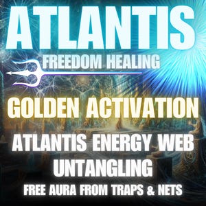 Könnte beinhalten: Digitales Kunstwerk mit dem Wort "ATLANTIS" in großen, hellblauen Buchstaben. Die Abbildung zeigt auch die Sätze "FREEDOM HEALING", "GOLDEN ACTIVATION", "ATLANTIS ENERGY WEB UNTANGLING" und "FREE AURA FROM TRAPS & NETS".