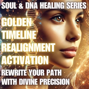 Op de afbeelding: Digitale kunst met een vrouwenportret en tekst: "SOUL & DNA HEALING SERIES", "GOLDEN TIMELINE REALIGNMENT ACTIVATION" en "REWRITE YOUR PATH WITH DIVINE PRECISION". De achtergrond toont DNA-strengen en stralend licht.