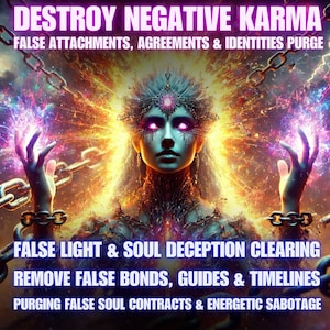 May include: Digital art featuring a celestial being with glowing eyes and hands, surrounded by vibrant energy and chains. Text overlays read "DESTROY NEGATIVE KARMA" and other related phrases, suggesting a spiritual or metaphysical theme.