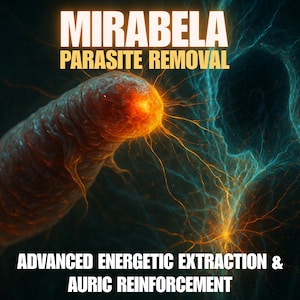 May include: An artistic digital image with the text "MIRABELA PARASITE REMOVAL" in gold lettering. The image features a glowing, orange-yellow parasite with blue and orange energy lines. The text "ADVANCED ENERGETIC EXTRACTION & AURIC REINFORCEMENT" is also present.