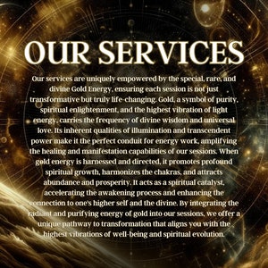 Op de afbeelding: Een digitale illustratie van een draaiende galaxie met een gouden achtergrond. De tekst "OUR SERVICES" staat in vetgedrukte, zwarte letters bovenaan de afbeelding. De tekst hieronder beschrijft de aangeboden diensten, die uniek worden versterkt door de speciale, zeldzame en goddelijke Gouden Energie.