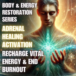May include: Digital artwork depicting a person with closed eyes and outstretched hands, with a vibrant energy field radiating from the chest. Text overlay includes "BODY & ENERGY RESTORATION SERIES", "ADRENAL HEALING ACTIVATION", and "RECHARGE VITAL ENERGY & END BURNOUT". The background is a mix of blues and golds.