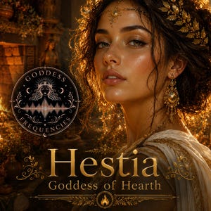 Puede incluir: Una ilustraci&oacute;n digital de una persona con cabello oscuro ondulado adornado con una diadema de hojas doradas y pendientes ornamentados. El texto "Hestia Goddess of Hearth" aparece en letras doradas, junto a un logo "Goddess Frequencies".