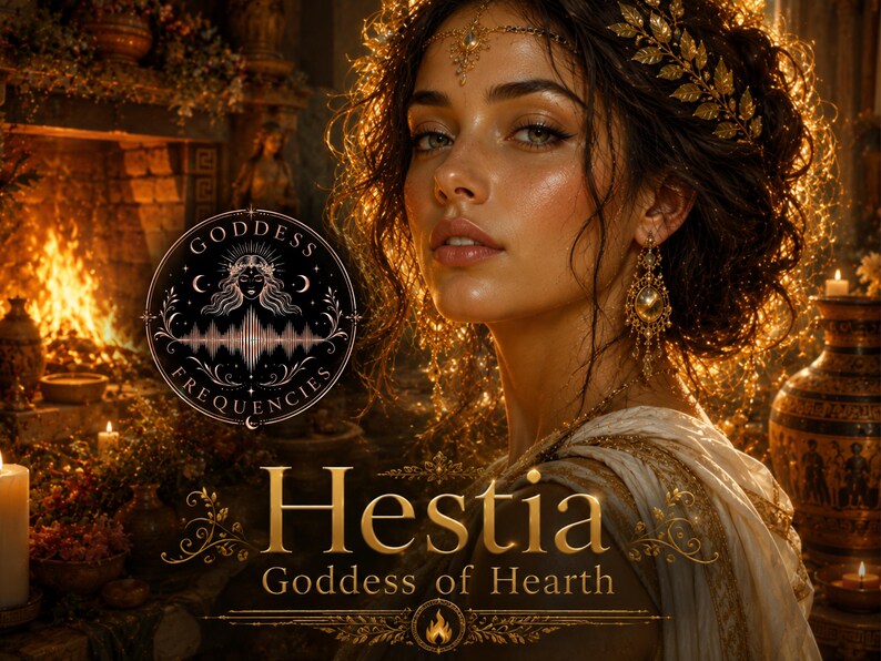 Puede incluir: Una ilustraci&oacute;n digital de una persona con cabello oscuro ondulado adornado con una diadema de hojas doradas y pendientes ornamentados. El texto "Hestia Goddess of Hearth" aparece en letras doradas, junto a un logo "Goddess Frequencies".