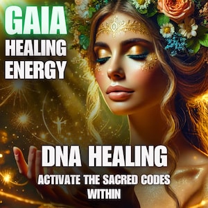 May include: Digital art featuring a woman with closed eyes, adorned with a floral crown and gold accents. Text reads "GAIA HEALING ENERGY" and "DNA HEALING ACTIVATE THE SACRED CODES WITHIN."