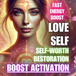 Puede incluir: Arte digital que presenta a una mujer con patrones de energía brillante y texto que dice "Fast Energy Boost, Love Self, Self-Worth Restoration, Boost Activation". La imagen tiene un tema místico y espiritual.