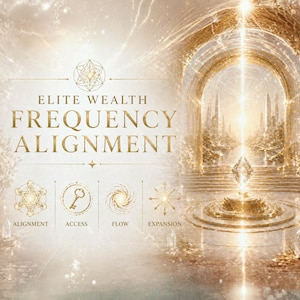 May include: An ethereal digital art piece with the words "ELITE WEALTH FREQUENCY ALIGNMENT". The image features a golden archway, a crystal, and symbols for alignment, access, flow, and expansion. Soft, warm colors and a dreamlike quality.