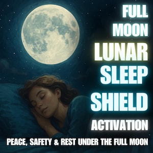 May include: An illustration depicts a person sleeping peacefully under a full moon. The image includes the words "FULL MOON LUNAR SLEEP SHIELD ACTIVATION" and "PEACE, SAFETY & REST UNDER THE FULL MOON."