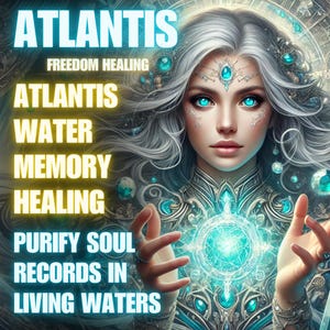 May include: Digital art featuring a woman with silver hair and blue eyes, adorned with turquoise gems. The image includes the text "ATLANTIS" and phrases like "Freedom Healing" and "Purify Soul Records in Living Waters."