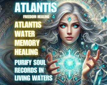 Könnte beinhalten: Digitales Kunstwerk einer Frau mit silbernem Haar und blauen Augen, geschmückt mit türkisfarbenen Edelsteinen. Das Bild enthält den Text "ATLANTIS" und Sätze wie "Freiheitsheilung" und "Reinige Seelenaufzeichnungen in lebendigen Wassern."