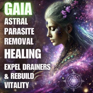 May include: Digital art featuring a woman with flowing hair and floral accents, set against a cosmic background. Text overlay reads "GAIA ASTRAL PARASITE REMOVAL HEALING EXPEL DRAINERS & REBUILD VITALITY". The image has a mystical and ethereal theme.