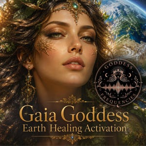Puede incluir: Una ilustraci&oacute;n digital de una mujer con cabello fluido adornado con vegetaci&oacute;n, sobre una vista de la Tierra desde el espacio. Un emblema negro circular muestra el texto Goddess Frequencies, con las palabras Gaia Goddess Earth Healing Activation debajo.