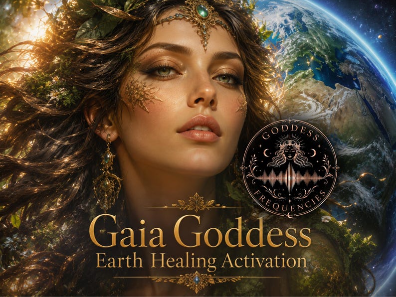 Puede incluir: Una ilustraci&oacute;n digital de una mujer con cabello fluido adornado con vegetaci&oacute;n, sobre una vista de la Tierra desde el espacio. Un emblema negro circular muestra el texto Goddess Frequencies, con las palabras Gaia Goddess Earth Healing Activation debajo.