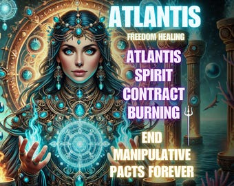 May include: Digital art featuring a woman with blue eyes and teal hair, adorned with ornate jewelry. The image has text that reads "Atlantis Freedom Healing" and "End Manipulative Pacts Forever". The woman is holding a glowing orb.