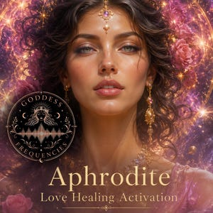 Puede incluir: Una ilustración digital de una persona con cabello oscuro ondulado adornado con rosas rosadas, usando joyas doradas que incluyen un adorno para la frente y aretes. Un logotipo circular dice Goddess Frequencies, con el texto Aphrodite Love Healing Activation.