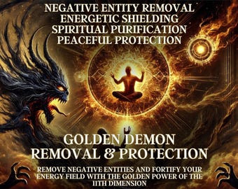 May include: A digital illustration of a golden demon removal and protection ritual. The image features a dark, demonic figure on the left, a golden circle with a meditating figure in the center, and a golden hand reaching out from the right. The text reads "NEGATIVE ENTITY REMOVAL, ENERGETIC SHIELDING, SPIRITUAL PURIFICATION, PEACEFUL PROTECTION, GOLDEN DEMON REMOVAL & PROTECTION, REMOVE NEGATIVE ENTITIES AND FORTIFY YOUR ENERGY FIELD WITH THE GOLDEN POWER OF THE 11TH DIMENSION."