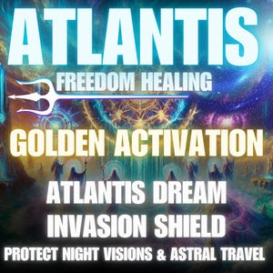 May include: A digital art image with the word "ATLANTIS" in large, glowing, turquoise letters. Other text includes "FREEDOM HEALING", "GOLDEN ACTIVATION", "ATLANTIS DREAM", "INVASION SHIELD", and "PROTECT NIGHT VISIONS & ASTRAL TRAVEL". The background features a cosmic scene.