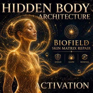 May include: Digital art featuring a woman's silhouette, illuminated with golden light, against a dark background. Text includes "HIDDEN BODY ARCHITECTURE" and "BIOFIELD SKIN MATRIX REPAIR". Additional icons represent shield, glow, and renewal.
