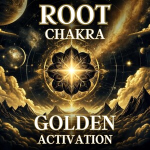 Könnte beinhalten: Ein goldenes Mandala mit einem Stern in der Mitte, umgeben von einer Galaxie aus Sternen und Planeten. Der Text "ROOT CHAKRA GOLDEN ACTIVATION" ist in weißen Buchstaben auf schwarzem Hintergrund geschrieben.