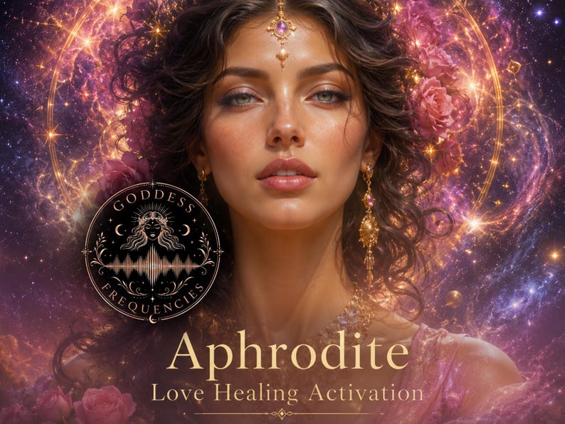 Puede incluir: Una ilustraci&oacute;n digital de una persona con cabello oscuro ondulado adornado con rosas rosadas, usando joyas doradas que incluyen un adorno para la frente y aretes. Un logotipo circular dice Goddess Frequencies, con el texto Aphrodite Love Healing Activation.