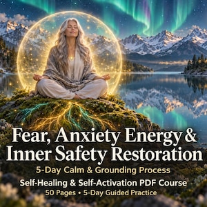 Puede incluir: Gráfico digital con una persona meditando dentro de una esfera dorada brillante sobre una roca cubierta de musgo junto a un lago, con montañas, luna llena y auroras boreales. Texto: Fear, Anxiety Energy & Inner Safety Restoration, 5-Day Calm & Grounding Process, Self-Healing & Self-Activation PDF Course, 50 Pages, 5-Day Guided Practice.