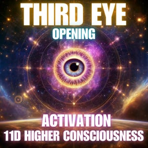 May include: Digital art featuring a cosmic eye with a blue iris, surrounded by a purple and gold aura. The words "THIRD EYE OPENING" and "ACTIVATION 11D HIGHER CONSCIOUSNESS" are displayed in bold text.