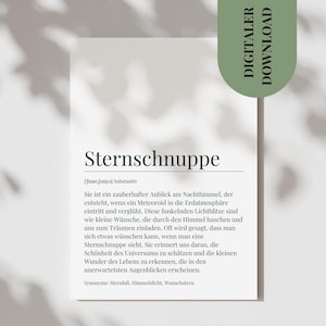 Puede incluir: Una definición imprimible en blanco y negro de la palabra alemana "Sternschnuppe", que significa "estrella fugaz". La definición explica que una estrella fugaz es un espectáculo mágico en el cielo nocturno que ocurre cuando un meteoroide entra en la atmósfera de la Tierra y se quema. Se dice que puedes pedir un deseo cuando ves una estrella fugaz.