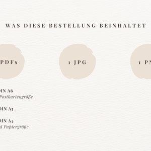 May include: A white background with the text "WAS DIESE BESTELLUNG BEINHALTET" in black. Three circles with beige backgrounds and black text are below the text. The circles show the number of files included in the order: "3 PDFs", "1 JPG", and "1 PNG". Below the circles, the text "DIN A6", "Standard Postkartengr&ouml;&szlig;e", "DIN A5", "DIN A4", and "Standard Papiergr&ouml;&szlig;e" is in black.