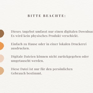 May include: A digital download notice with four colored circles. The text reads: "BITTE BEACHTE: This offer includes only a digital download. No physical product will be shipped. Simply print at home or at a local print shop. Digital files cannot be returned or exchanged. This file is for personal use only."
