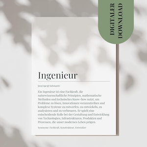 Puede incluir: Una tarjeta blanca con la palabra alemana "Ingenieur" en negro. La tarjeta incluye una definición de la palabra y el texto "DIGITALER DOWNLOAD" en una pancarta verde.