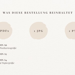 May include: A white background with the text "WAS DIESE BESTELLUNG BEINHALTET" in black. Three circles with beige backgrounds and black text show the number of files included in the order: 3 PDFs, 1 JPG, and 1 PNG. Below the circles, the text "DIN A6 Standard Postkartengr&ouml;&szlig;e", "DIN A5", and "DIN A4 Standard Papiergr&ouml;&szlig;e" is written in black.