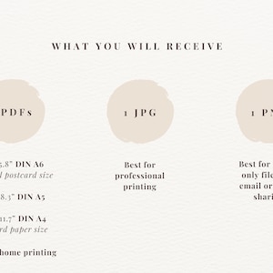 May include: A graphic showing the different file types included in a digital download. Three PDFs are included in the download, one for each standard paper size: 4.1 inches by 5.8 inches (DIN A6), 5.8 inches by 8.3 inches (DIN A5), and 8.3 inches by 11.7 inches (DIN A4). The download also includes one JPG and one PNG file.