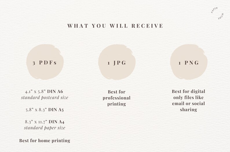 May include: A graphic showing the different file types included in a digital download. Three PDFs are included in the download, one for each standard paper size: 4.1 inches by 5.8 inches (DIN A6), 5.8 inches by 8.3 inches (DIN A5), and 8.3 inches by 11.7 inches (DIN A4). The download also includes one JPG and one PNG file.