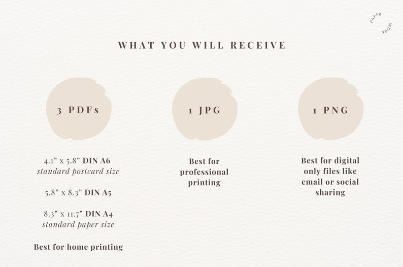 May include: A graphic showing the different file types and sizes included in a digital download. Three PDFs are included in the sizes 4.1" x 5.8", 5.8" x 8.3", and 8.3" x 11.7". One JPG and one PNG are also included.
