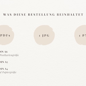 May include: A graphic showing the contents of an order: 3 PDFs, 1 JPG, and 1 PNG. The graphic also includes the standard paper sizes for DIN A6, DIN A5, and DIN A4.