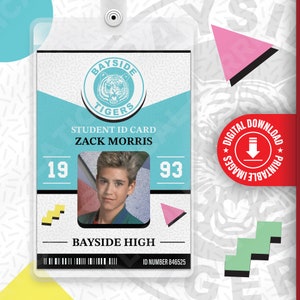 Enregistré par le Bell Zack Morris, Bayside Tigers, design rétro vintage des années 80 et 90, badge d'identification, Costume de cosplay, carte, étiquette d'identification, Halloween