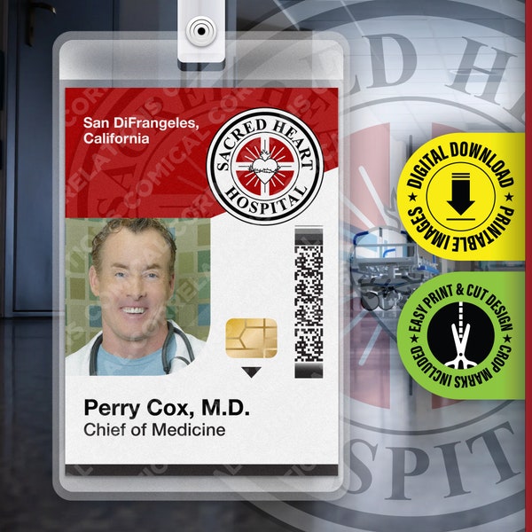 Scrubs TV Show Badge, Perry Cox, Sacred Heart Hospital ID Badge, Halloween Replica Prop Card, Cosplay Costume, Name Tag Digital Download