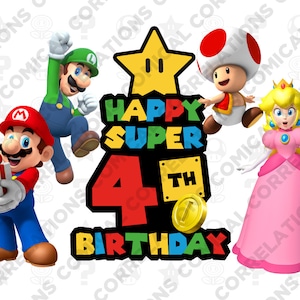 Printable Super Mario kids Happy Fourth 4th Birthday Downloadable graphic for 36x24in poster, t-shirt, invitations High-Res JPEG, PDF, PNG
