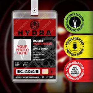 PRINTABLE PDF - Personalized Hydra Agent ID Badge Replica, Prop Halloween Card, Cosplay, Costume Party, Name Tag - Size 2.375 in x 3.375 in