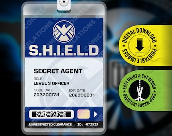 PRINTABLE PDF - Shield Agent ID Badge Replica, Prop Halloween Card, Cosplay, Costume Party, Name Tag - Size 2.375 in x 3.375 in