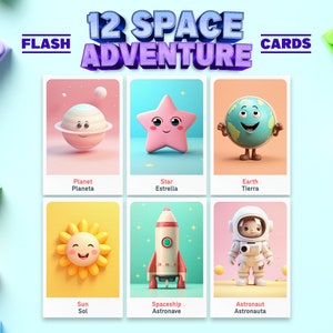 Outer Space Adventure Spanisch, Englisch zweisprachige Karten, Montessori druckbare, Homeschool Vorschule, Kinder druckbare Download PDF