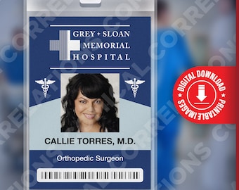 Grey's Anatomy CALLIE TORRES, Grey + Sloan Memorial Hospital ID Badge Card Cosplay Costume Name Tag
