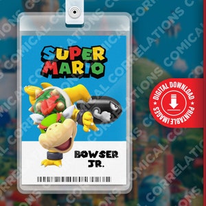 Carte d'identité imprimable Super Mario Bros. film Bowser Jr., fête d'anniversaire amusante pour enfants, cosplay, étiquette de nom de costume d'Halloween, jeux, Nintendo