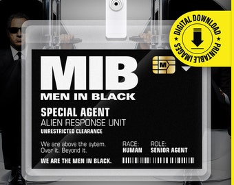 MIB Special Agent Men In Black ID Badge Card Halloween Cosplay Costume Name Tag - Printable PDF file - Card size 2.375 in x 3.375 in