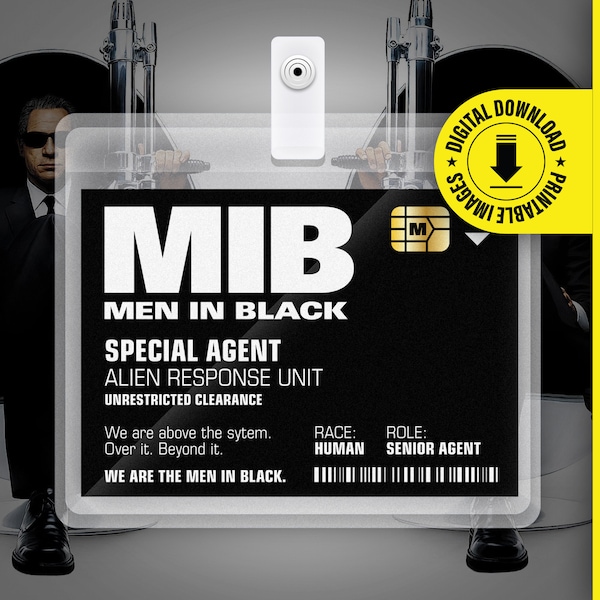 MIB Spezialagent Men In Black ID Badge Karte Halloween Cosplay Kostüm Namensschild - Druckbare PDF Datei - Kartengröße 2,375 in x 3,375 in