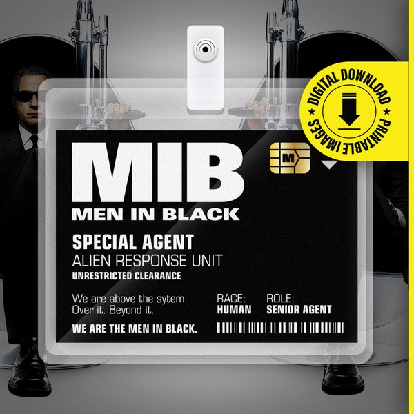 MIB Special Agent Men In Black ID Badge Card Halloween Cosplay Costume Name Tag - Printable PDF file - Card size 2.375 in x 3.375 in