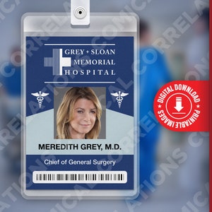 Grey's Anatomy MEREDITH GREY, Grey + Sloan Memorial Hospital Badge ID Card Cosplay Costume Nome Tag