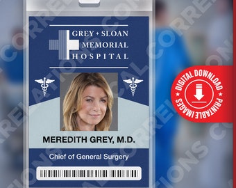 Grey&#39;s Anatomy MEREDITH GREY, Grey + Sloan Memorial Hospital ID Badge Card Cosplay Costume Name Tag